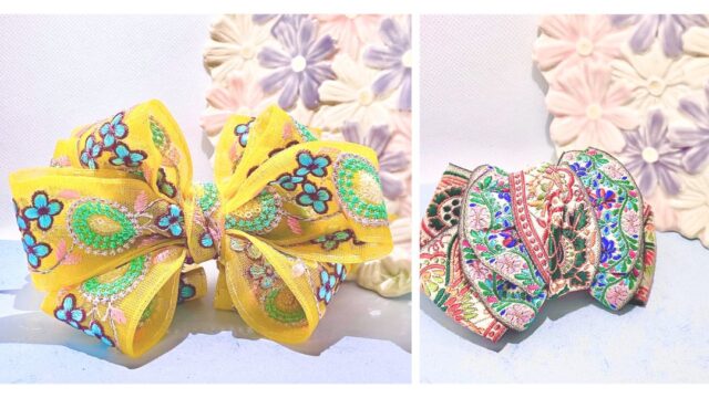 大人可愛いリボンヘアゴム☆インド刺繍リボン×ペタシャムリボンP544 無し